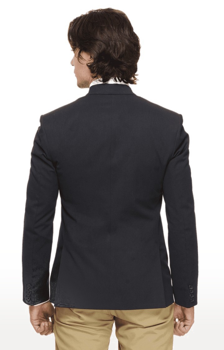 Men Navy Blue Viscose Slim Fit Blazer