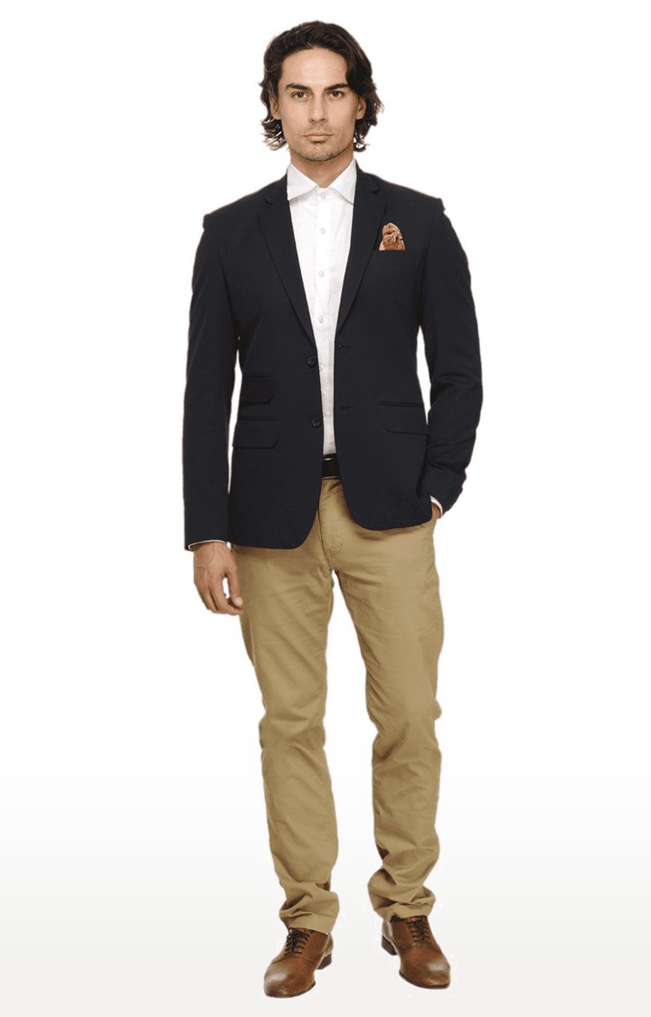 Men Navy Blue Viscose Slim Fit Blazer