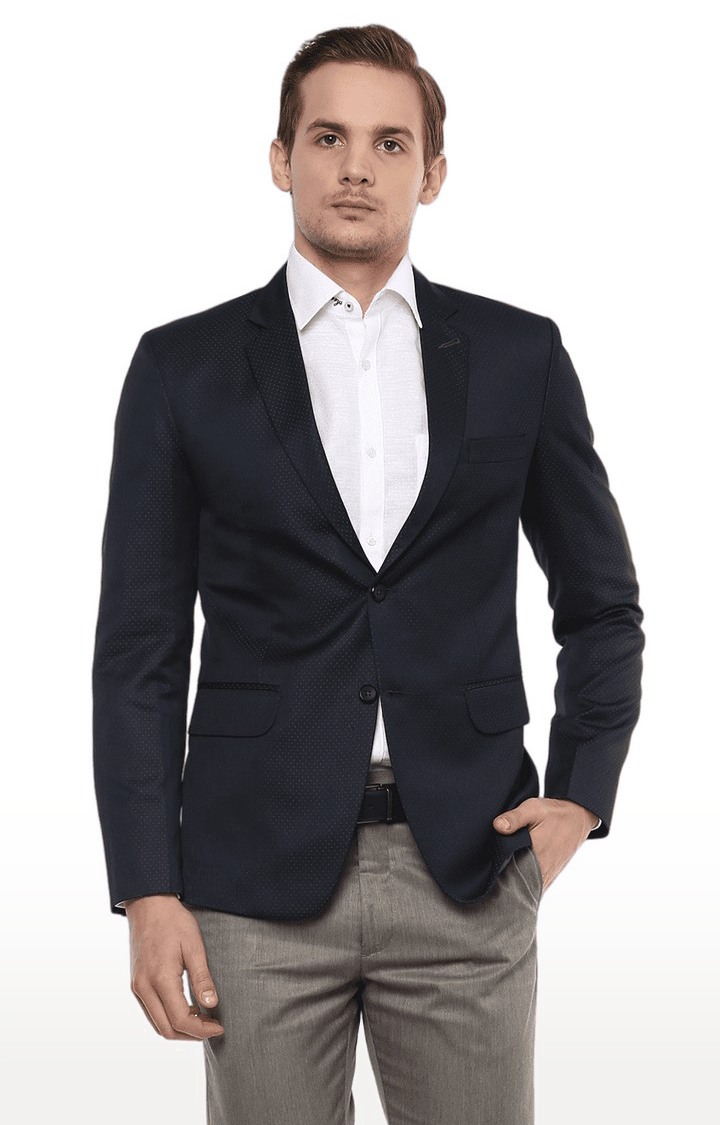 Men Navy Blue Viscose Slim Fit Blazer