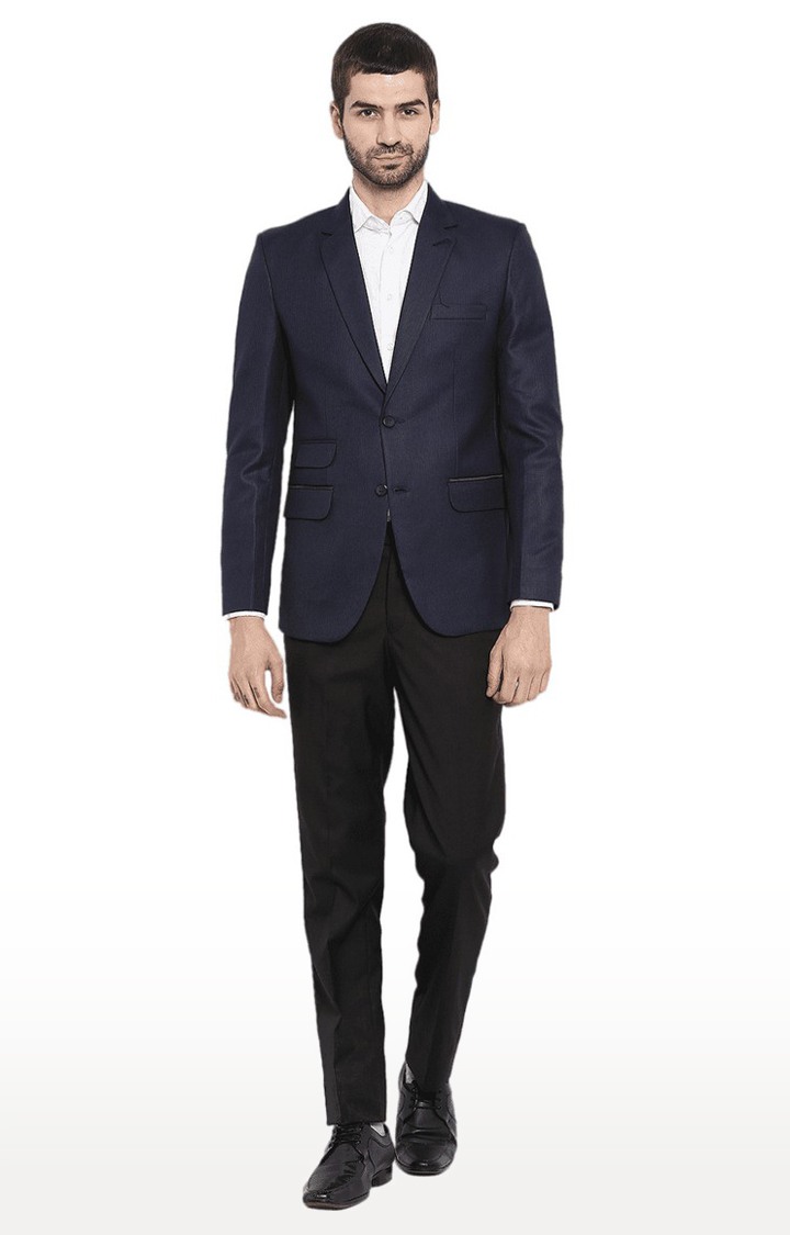 Men Navy Blue Viscose Slim Fit Blazer