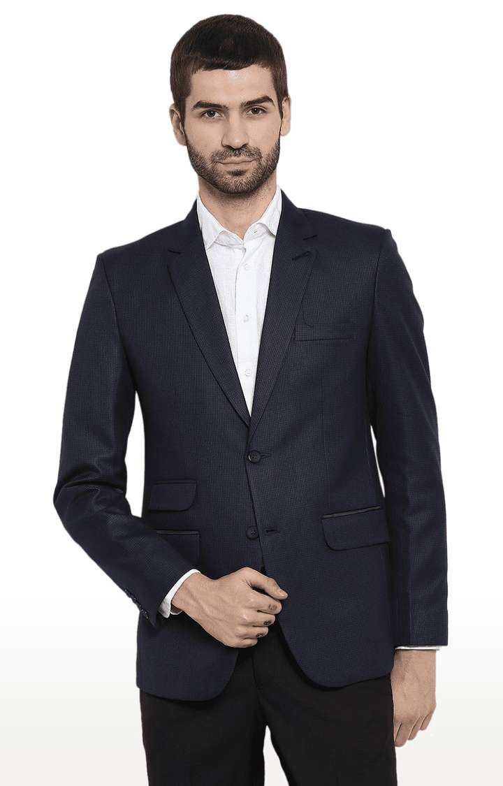 Men Navy Blue Viscose Slim Fit Blazer