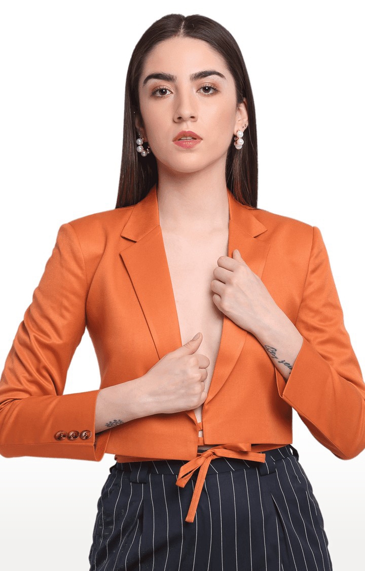 Women Orange Viscose Relaxed Fit Cropped Blazers