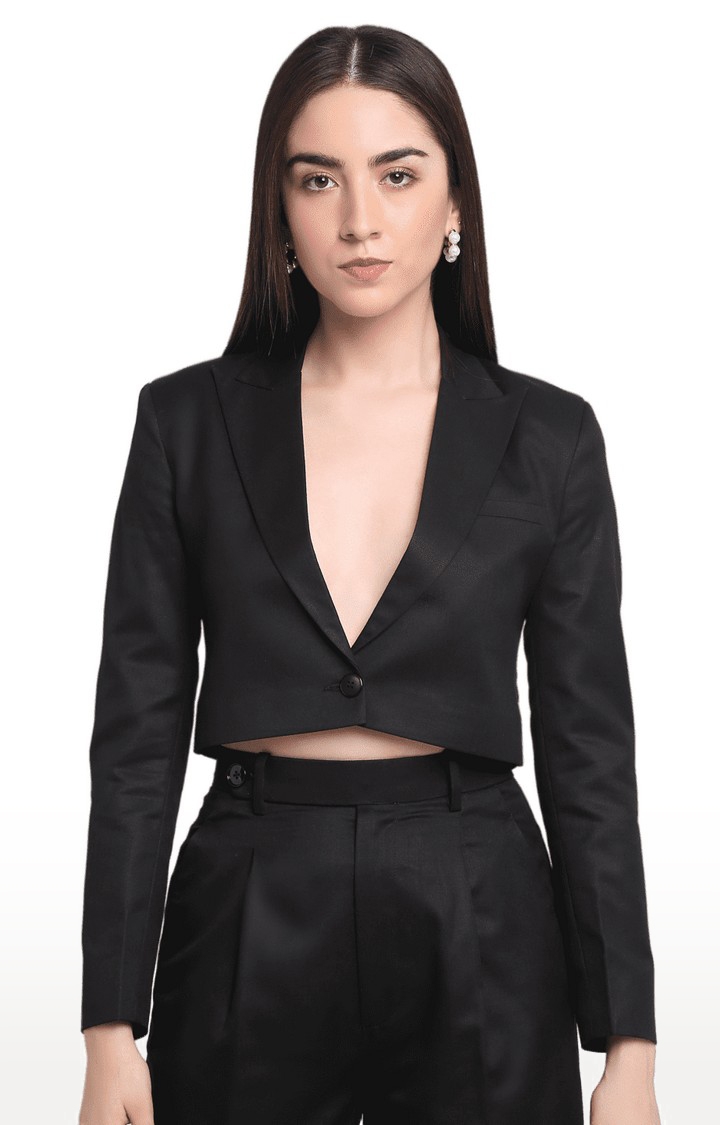 Women Black Viscose Relaxed Fit Cropped Blazers