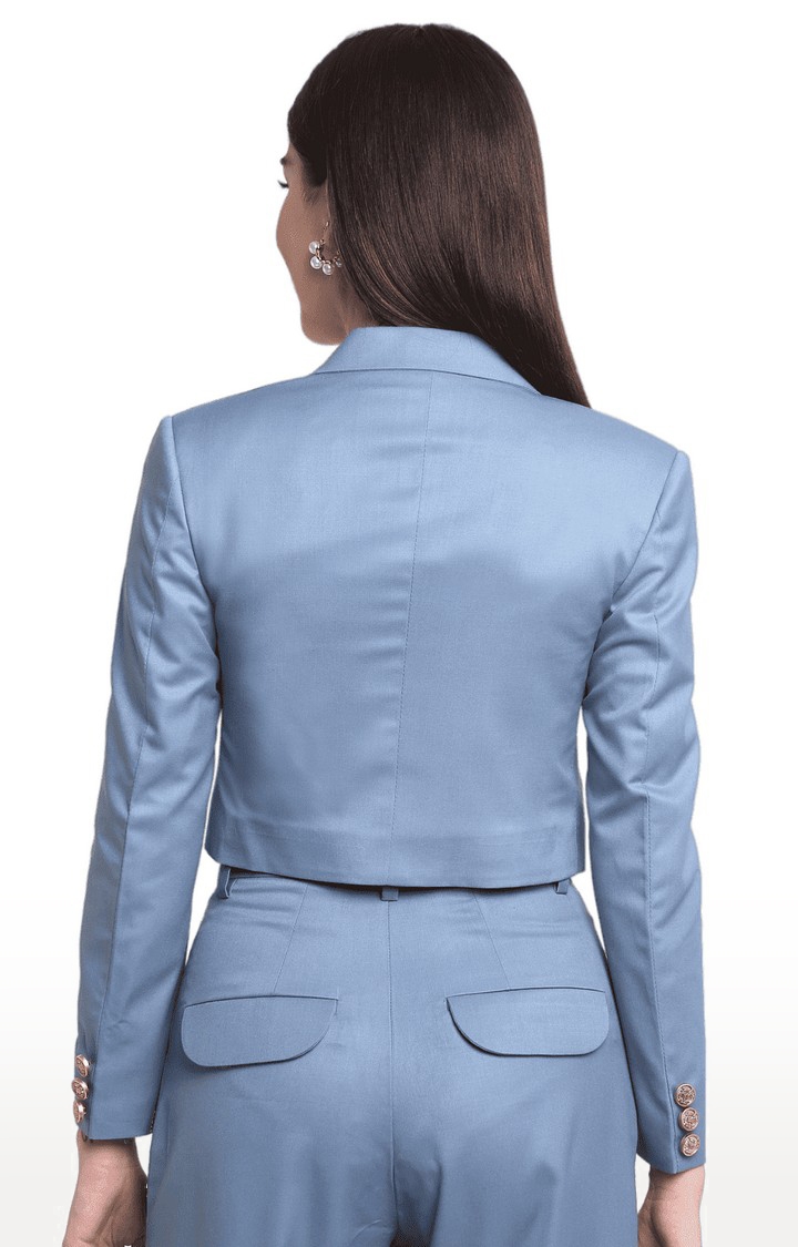 Ennoble | Women Blue Viscose Relaxed Fit Cropped Blazers 3