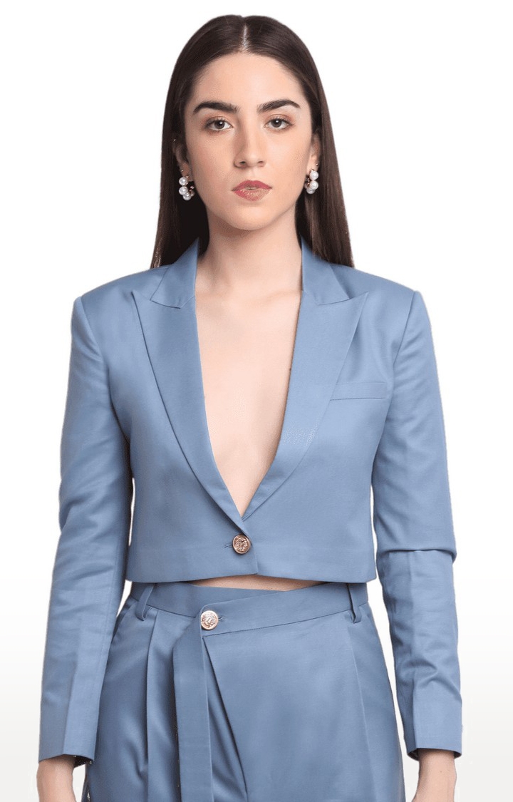 Ennoble | Women Blue Viscose Relaxed Fit Cropped Blazers