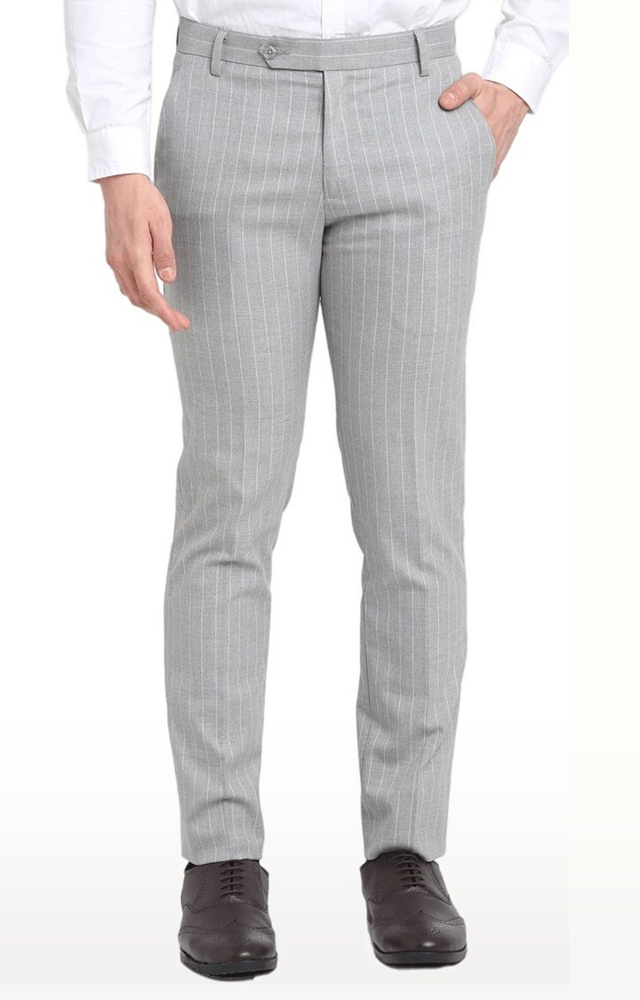 Men Grey Viscose Striped Trouser