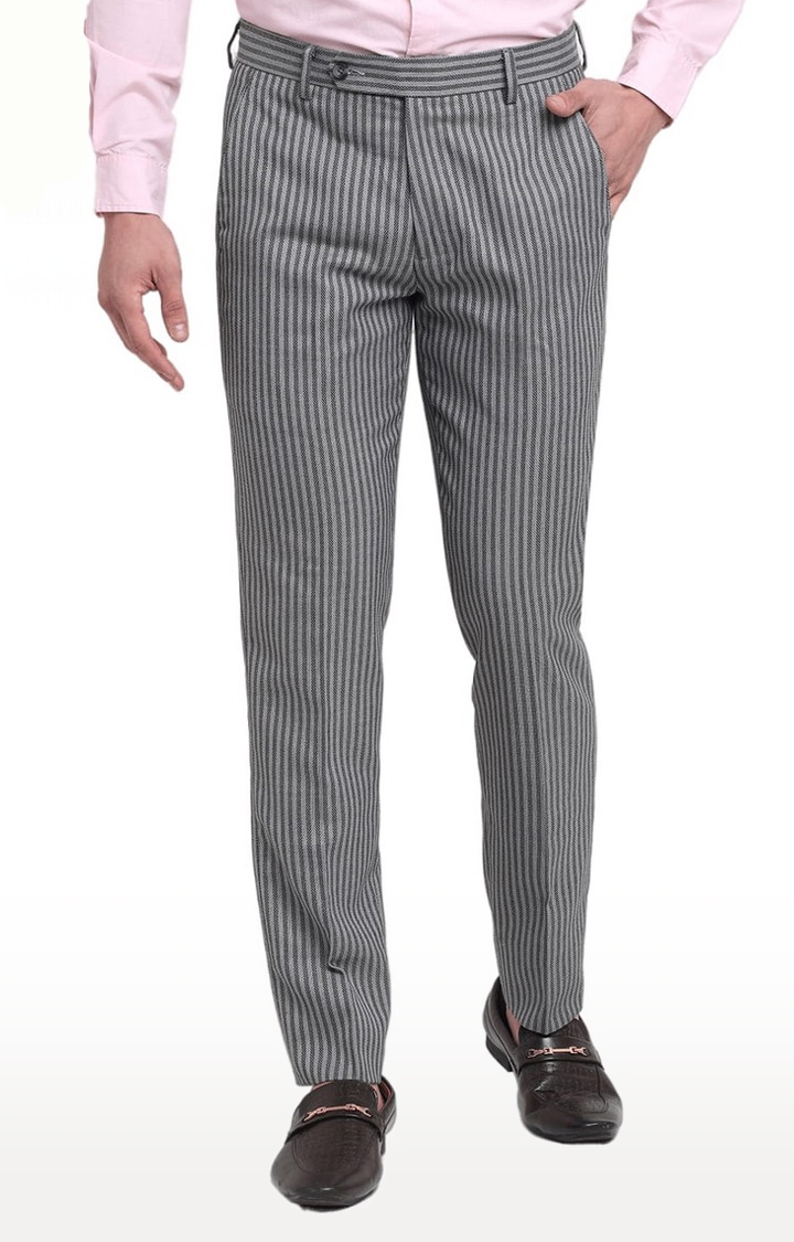 Men Grey Viscose Striped Trouser