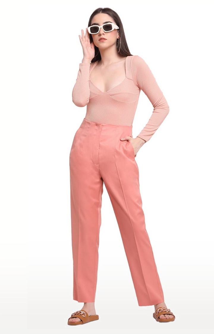 Women Peach Viscose Solid Trouser