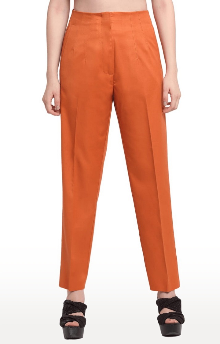 Ennoble | Women Orange Viscose Solid Trouser