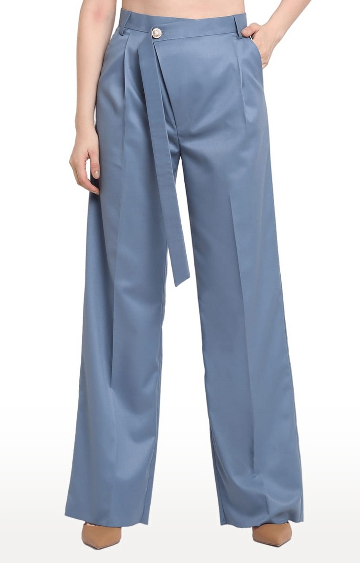 Women Blue Viscose Solid Trouser