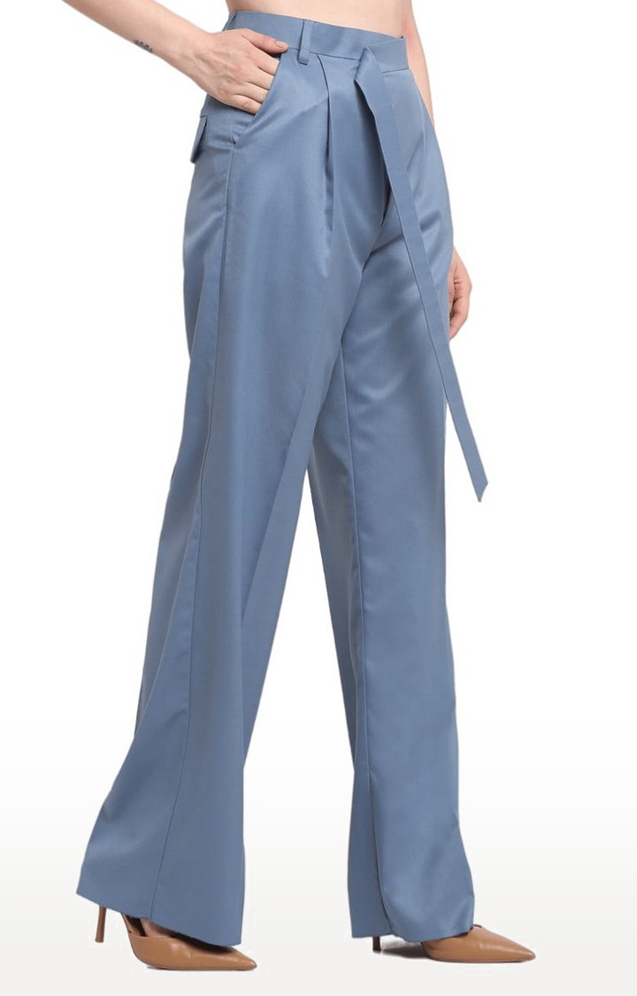 Women Blue Viscose Solid Trouser