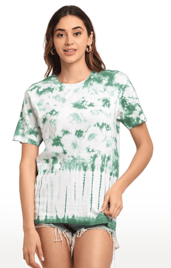 Women White and Green Cotton Relaxed Fit Oversized T-shirt