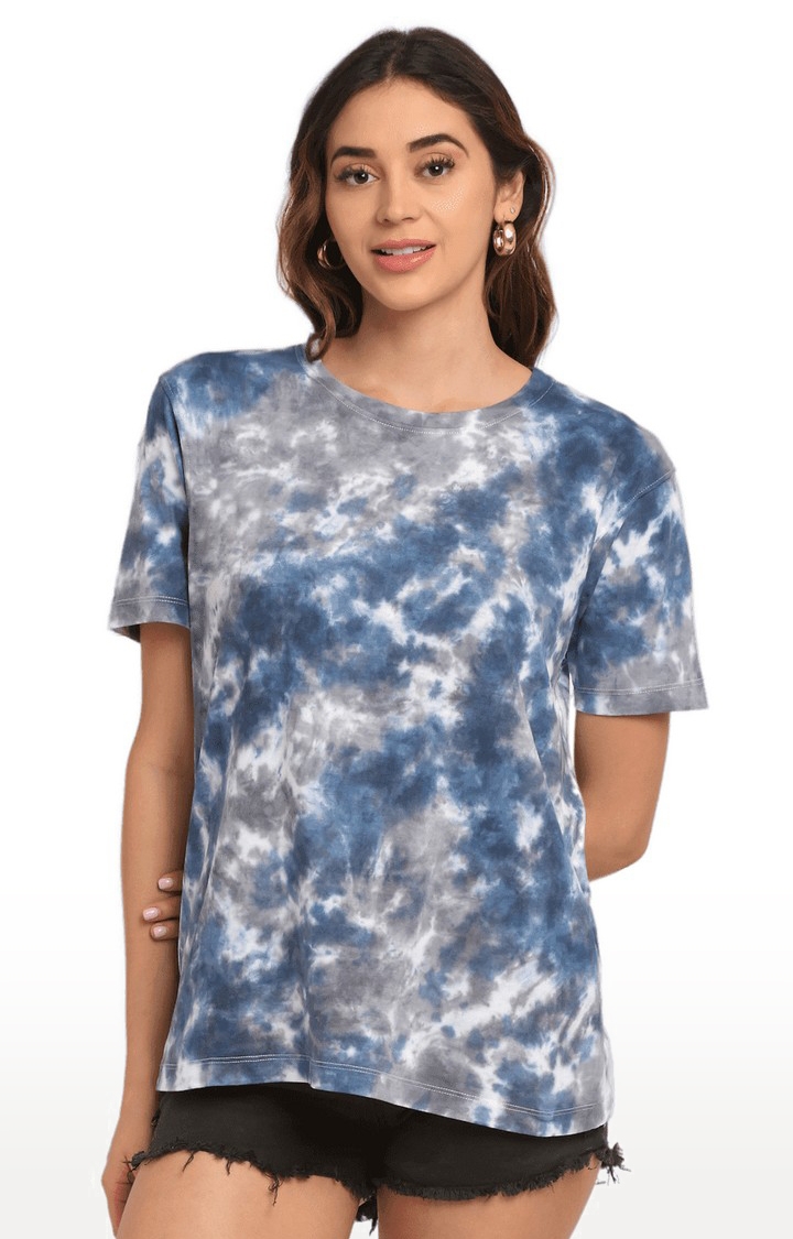 Women Blue Cotton Relaxed Fit Oversized T-shirt