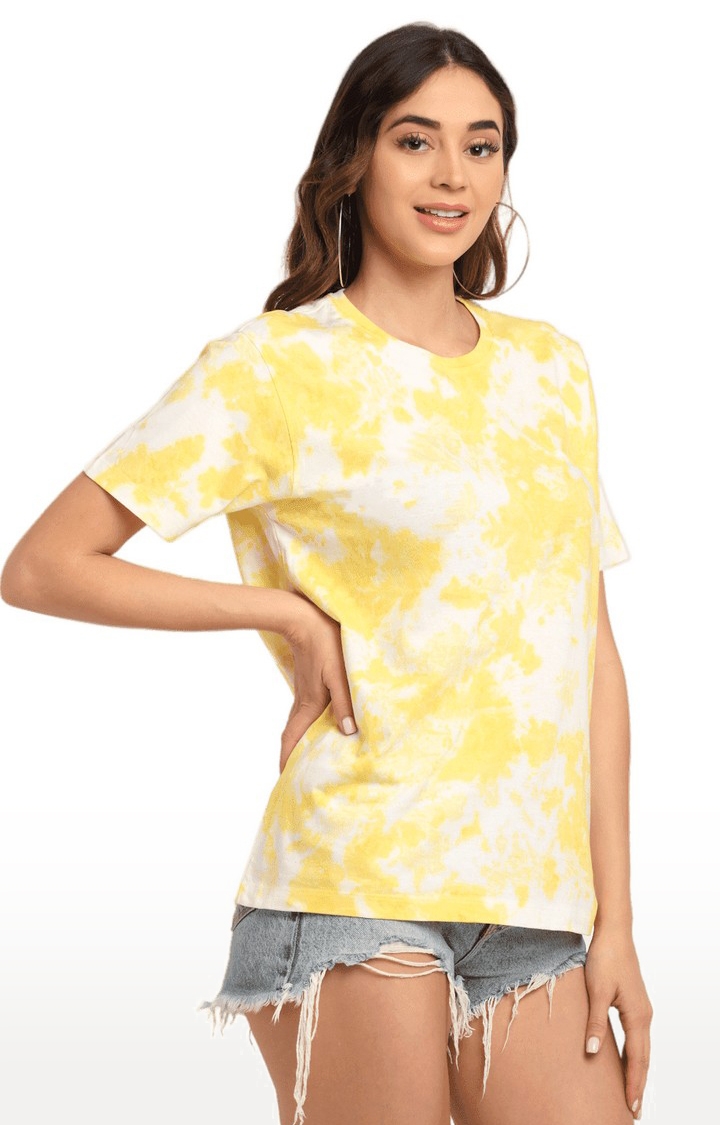 Ennoble | Women Yellow and White Cotton Relaxed Fit Oversized T-shirt 2