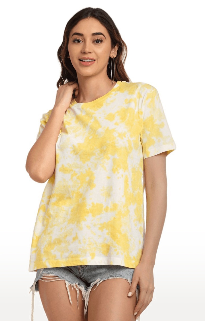 Women Yellow and White Cotton Relaxed Fit Oversized T-shirt