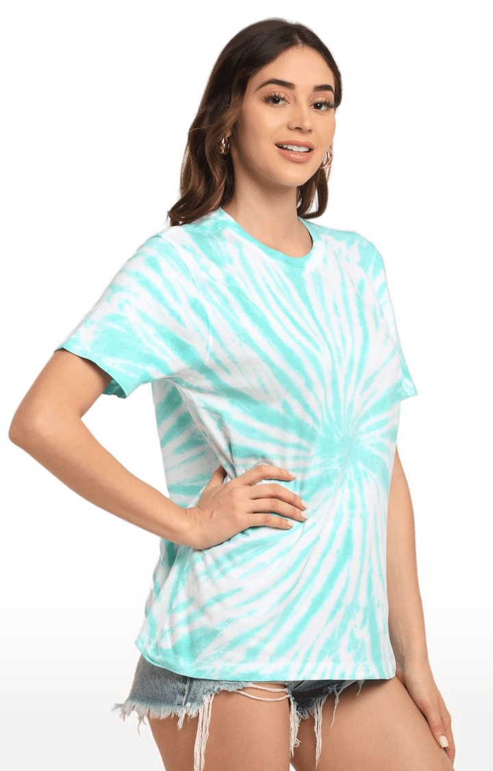 Women White and Green Cotton Relaxed Fit Oversized T-shirt