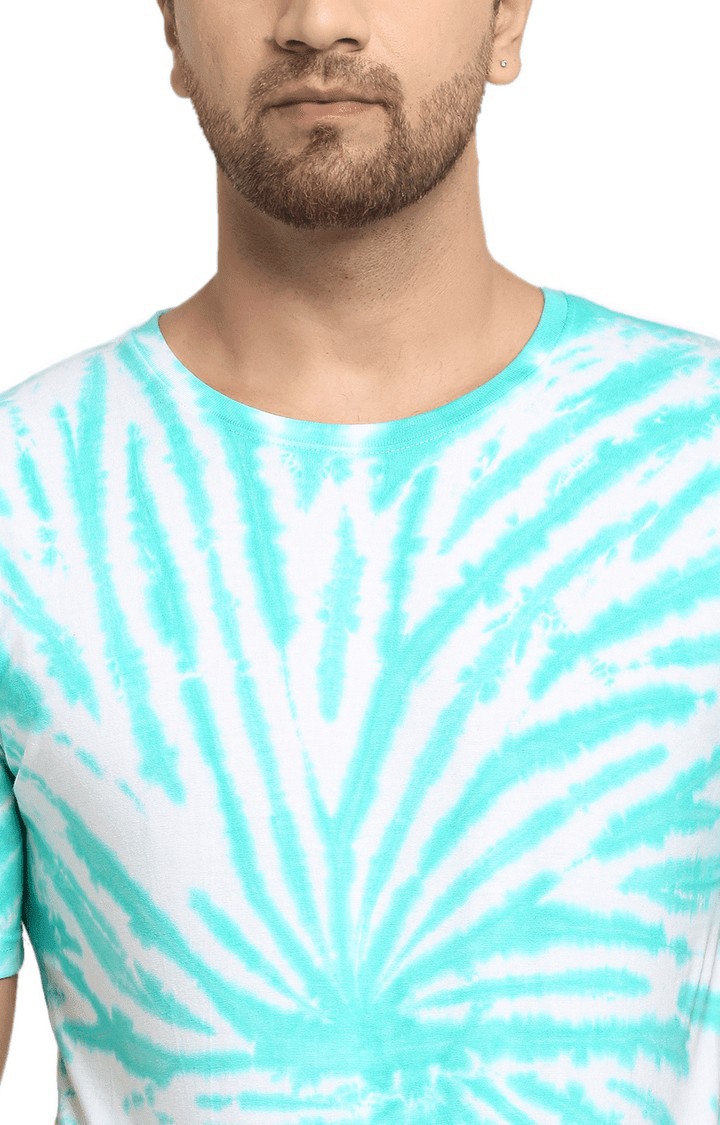 Men Green and White Cotton Relaxed Fit  Regular T-shirt