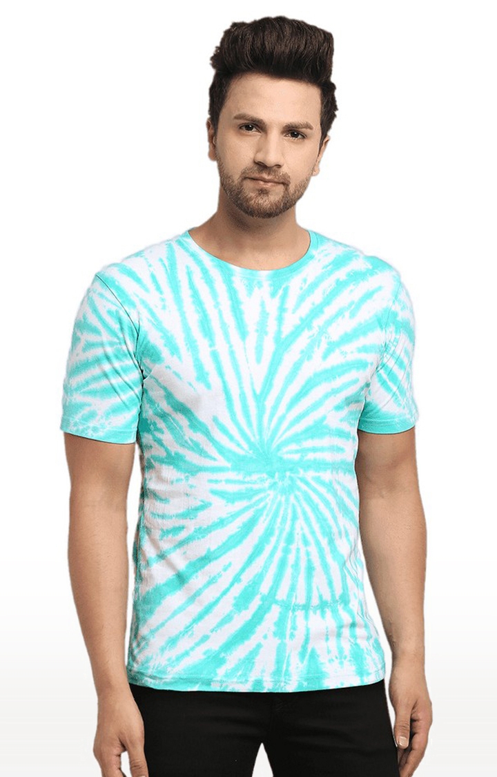 Men Green and White Cotton Relaxed Fit  Regular T-shirt