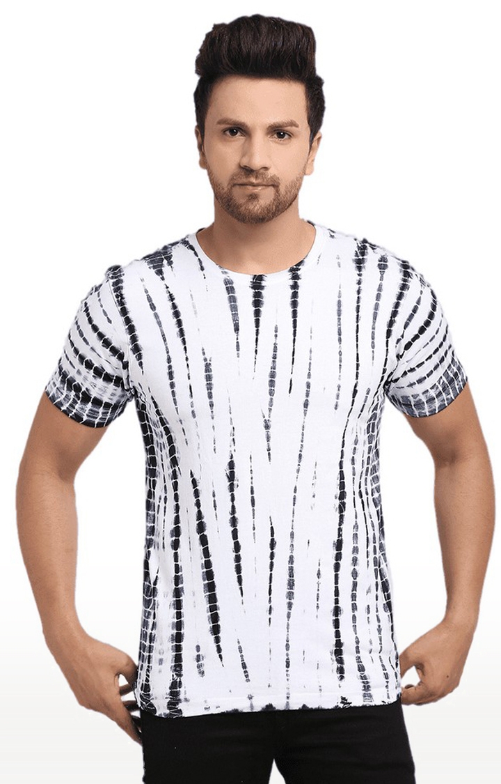 Men White and Black Cotton Relaxed Fit  Regular T-shirt