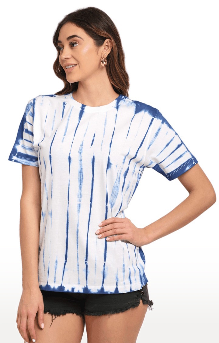 Ennoble | Women Blue and White Cotton Relaxed Fit Oversized T-shirt