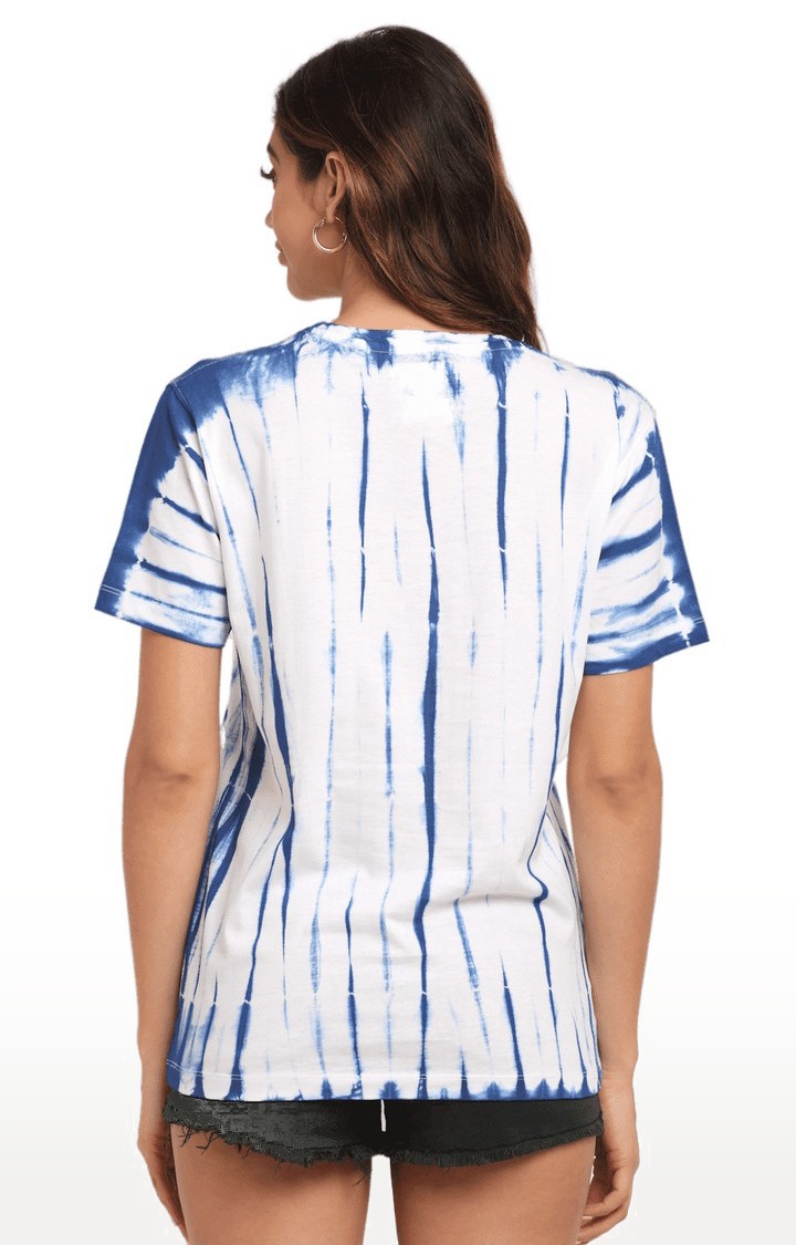 Women Blue and White Cotton Relaxed Fit Oversized T-shirt