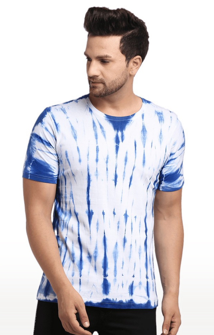 Men Blue and White Cotton Relaxed Fit  Regular T-shirt