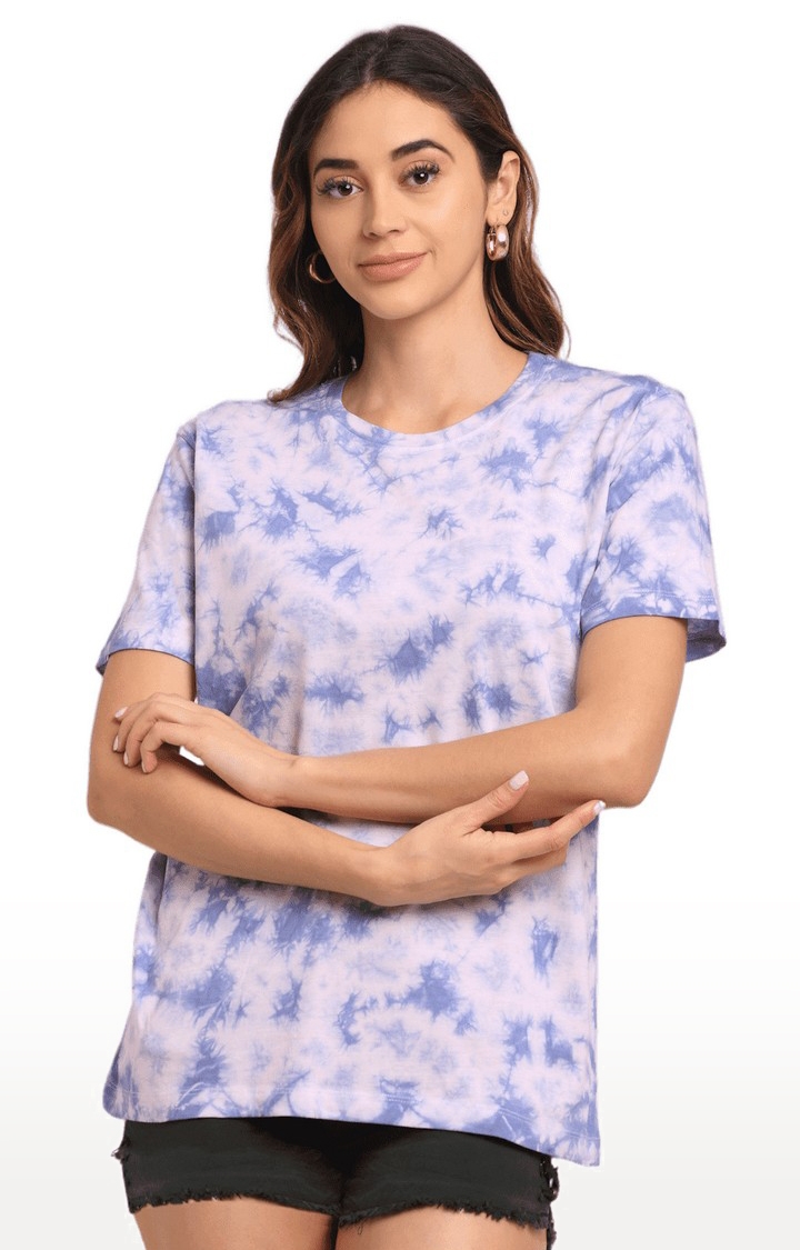 Ennoble | Women Pink and Blue Cotton Relaxed Fit Oversized T-shirt