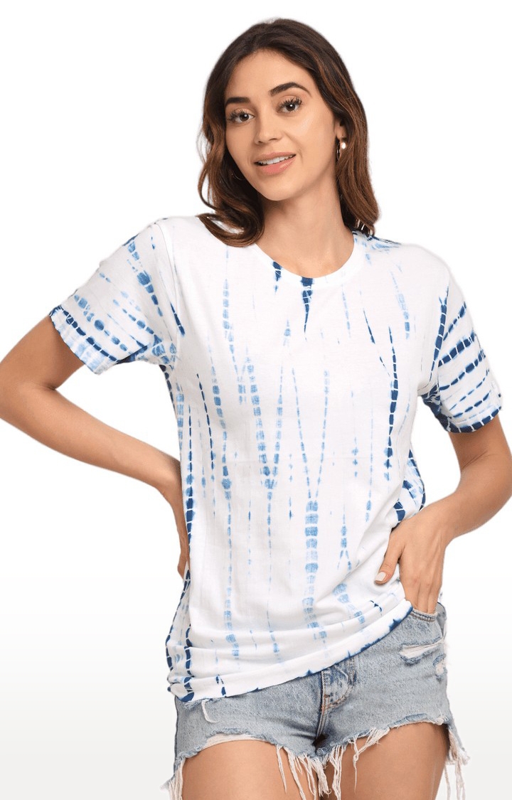 Women Blue and White Cotton Oversized T-Shirt