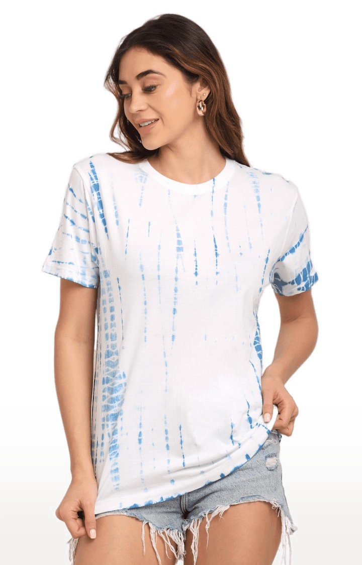 Women Blue and White Cotton Relaxed Fit Oversized T-shirt