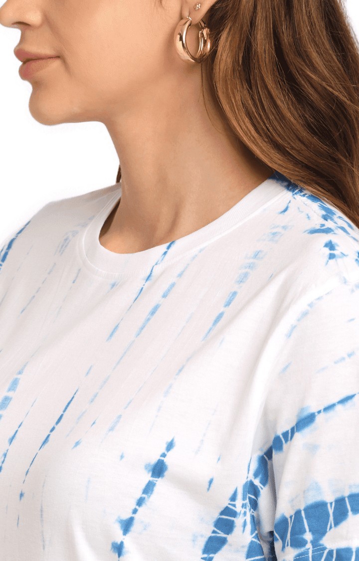 Ennoble | Women Blue and White Cotton Relaxed Fit Oversized T-shirt 4