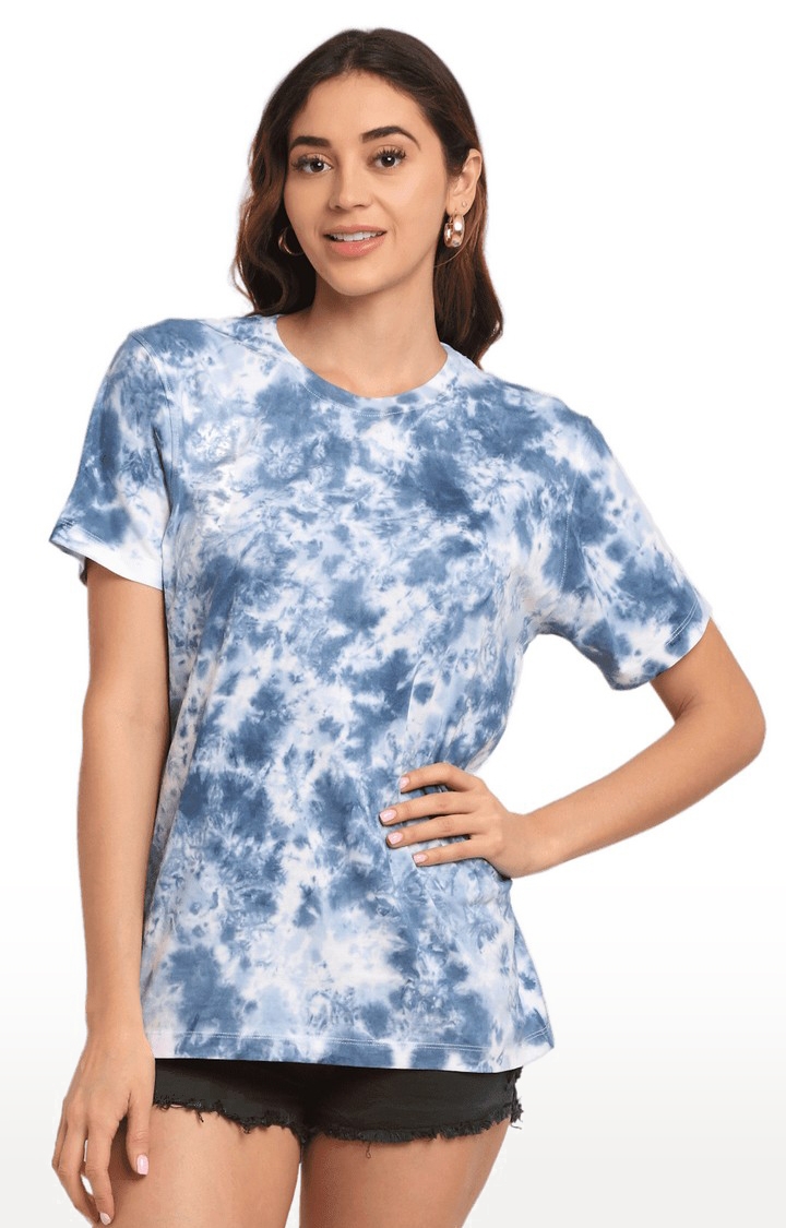 Women Blue and White Cotton Relaxed Fit Oversized T-shirt