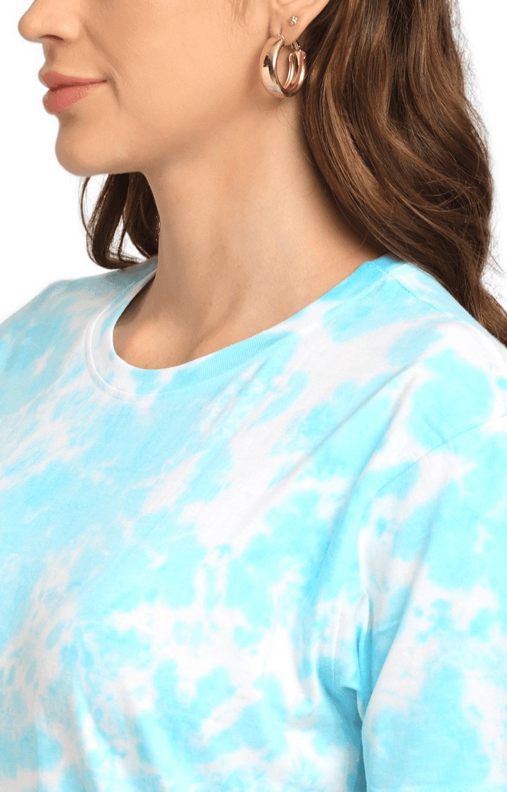 Women Blue and White Cotton Relaxed Fit Oversized T-shirt