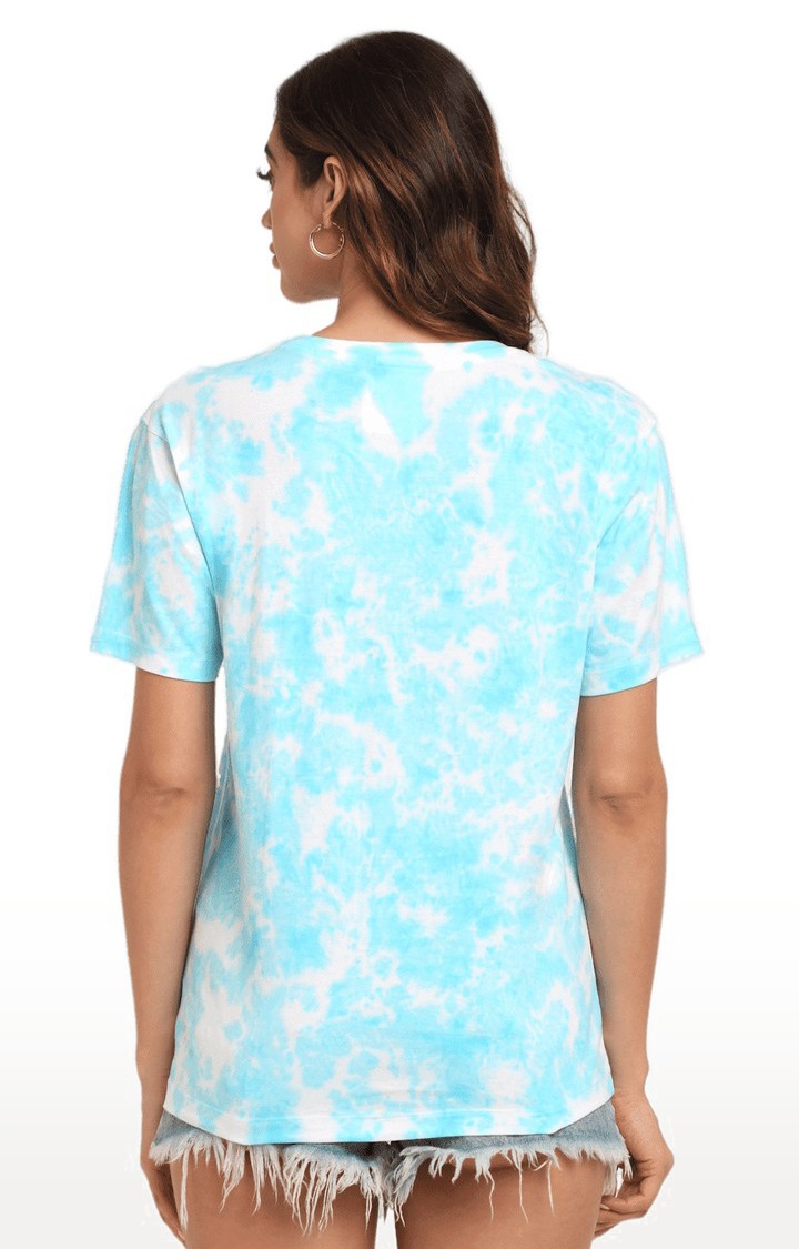 Women Blue and White Cotton Relaxed Fit Oversized T-shirt