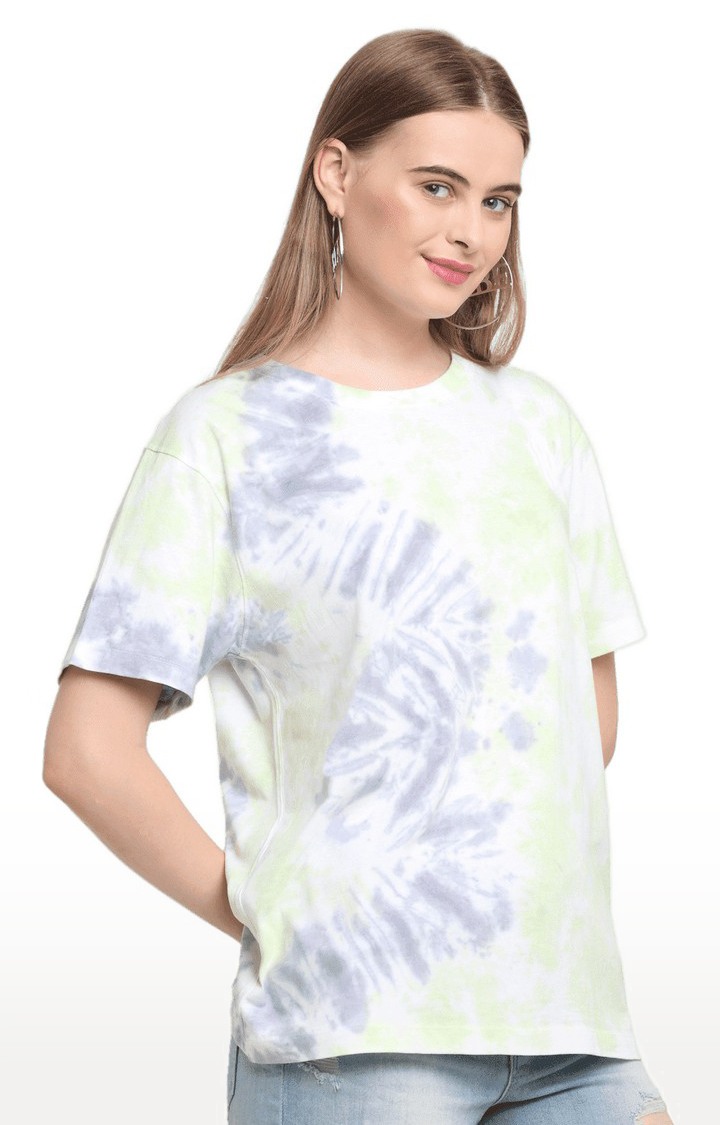 Women White and Green Cotton Relaxed Fit Oversized T-shirt