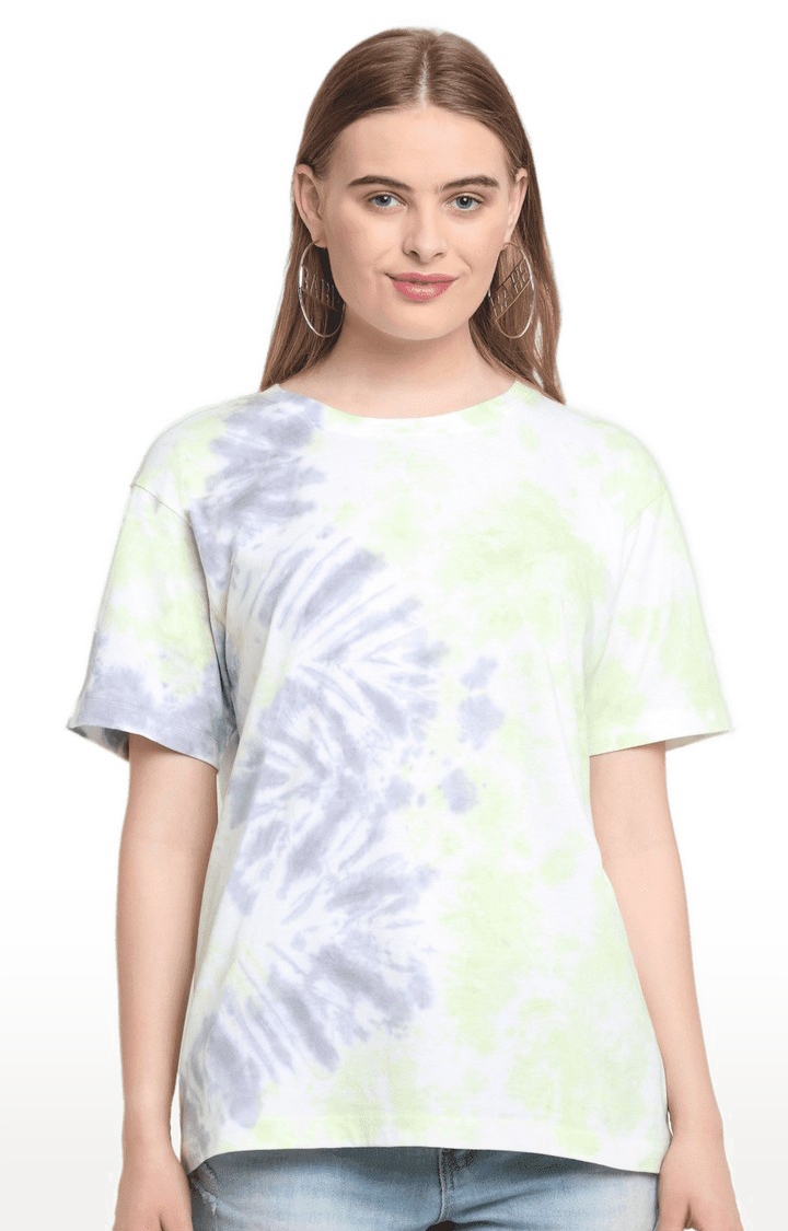 Ennoble | Women White and Green Cotton Relaxed Fit Oversized T-shirt