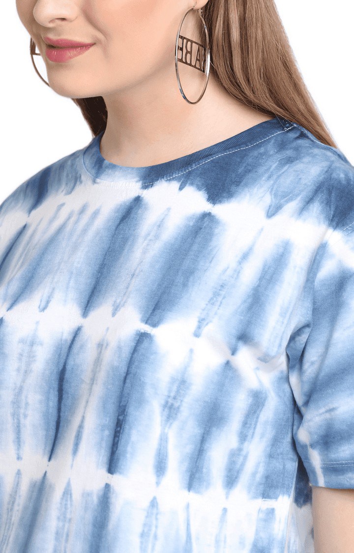 Women Blue and White Cotton Relaxed Fit Oversized T-shirt