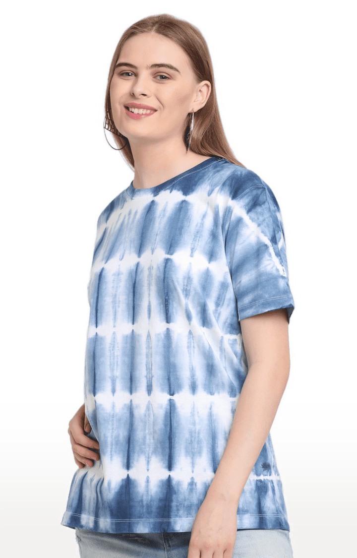 Women Blue and White Cotton Relaxed Fit Oversized T-shirt