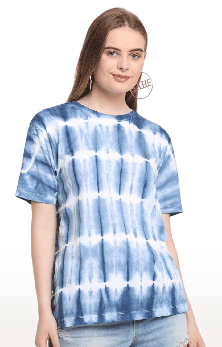 Ennoble | Women Blue and White Cotton Relaxed Fit Oversized T-shirt