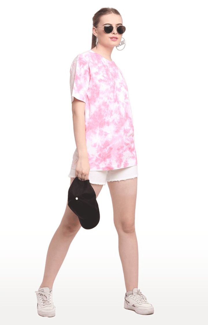 Women Pink Cotton Relaxed Fit Oversized T-shirt