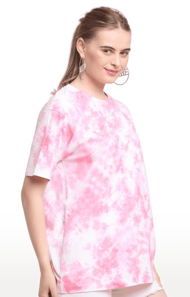Women Pink Cotton Relaxed Fit Oversized T-shirt