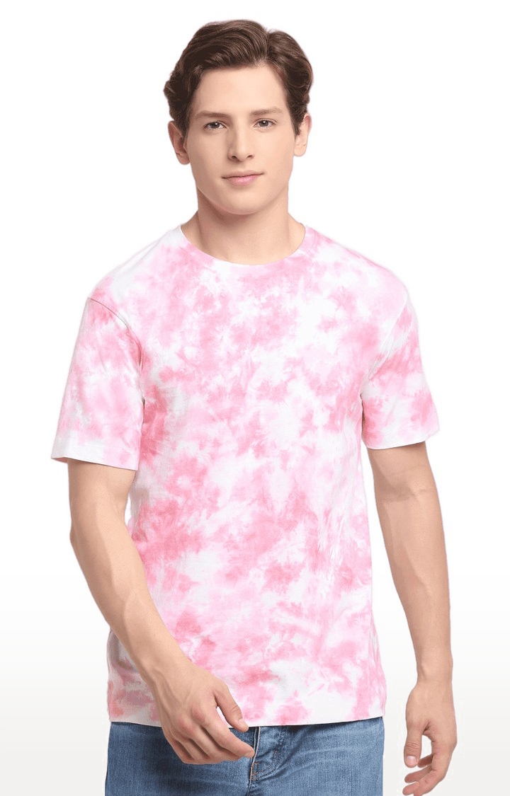 Men White and Pink Cotton Relaxed Fit  Regular T-shirt