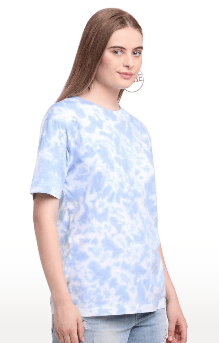 Women Blue and White Cotton Relaxed Fit Oversized T-shirt