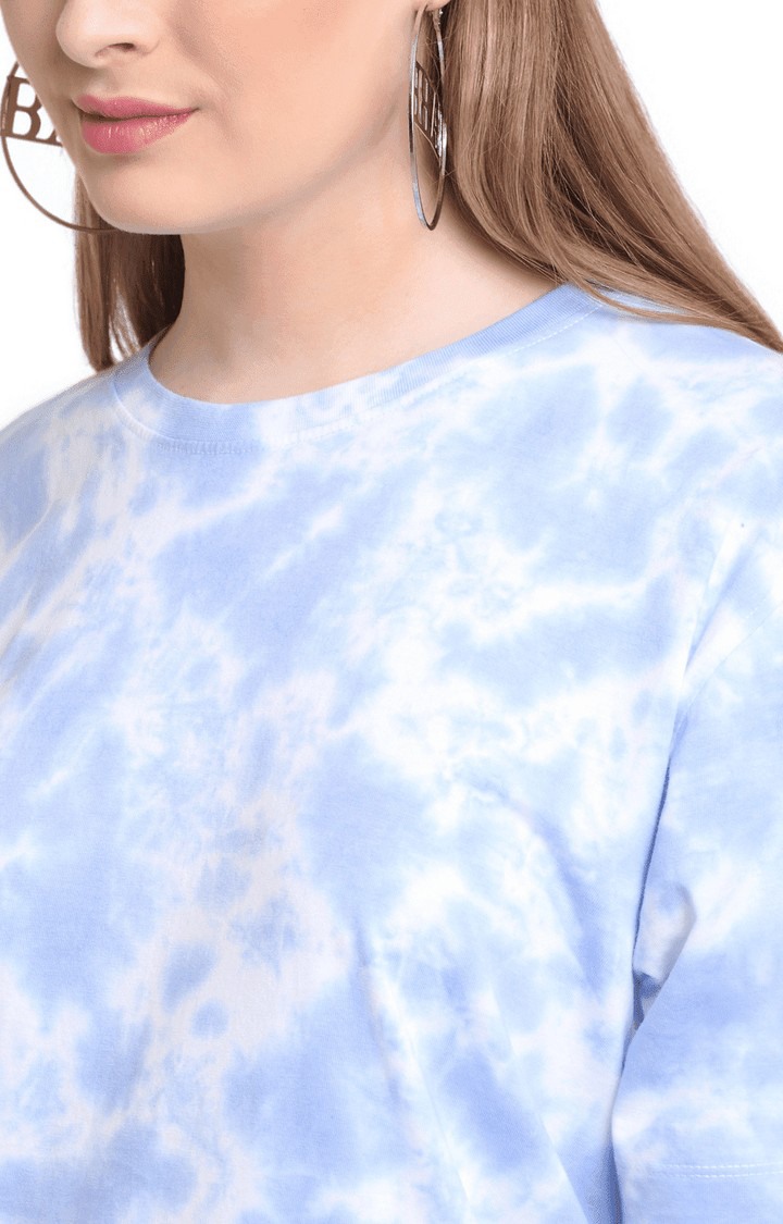 Women Blue and White Cotton Relaxed Fit Oversized T-shirt