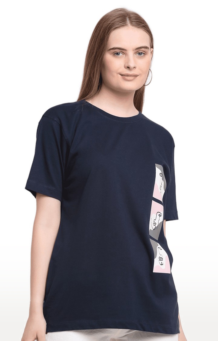 Women Blue Cotton Relaxed Fit Oversized T-shirt