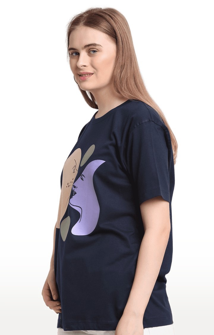 Women Blue Cotton Relaxed Fit Oversized T-shirt