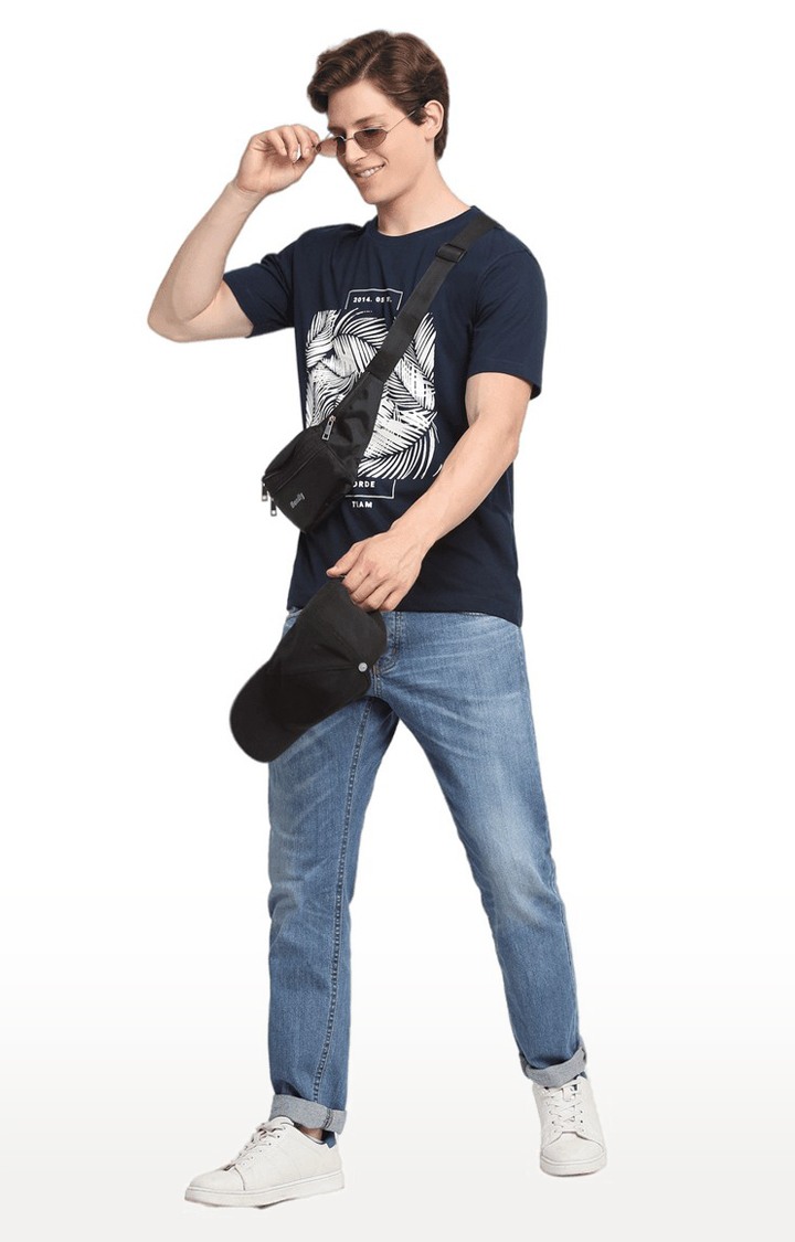 Men Navy Blue Cotton Relaxed Fit  Regular T-shirt