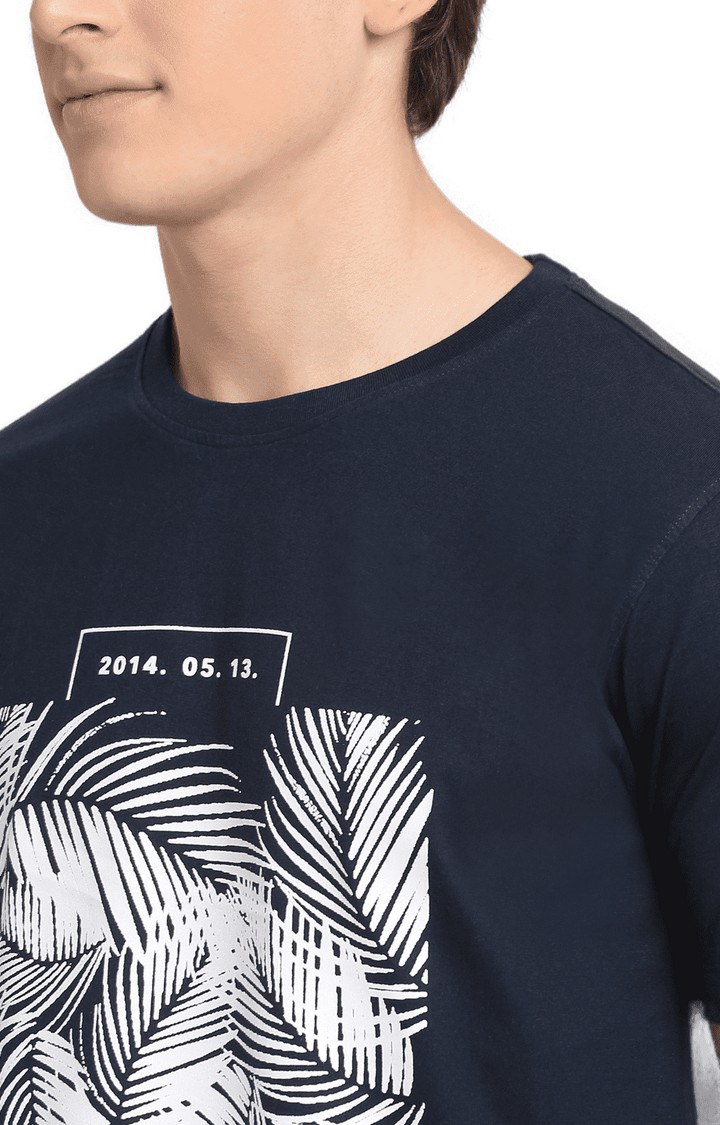 Men Navy Blue Cotton Relaxed Fit  Regular T-shirt