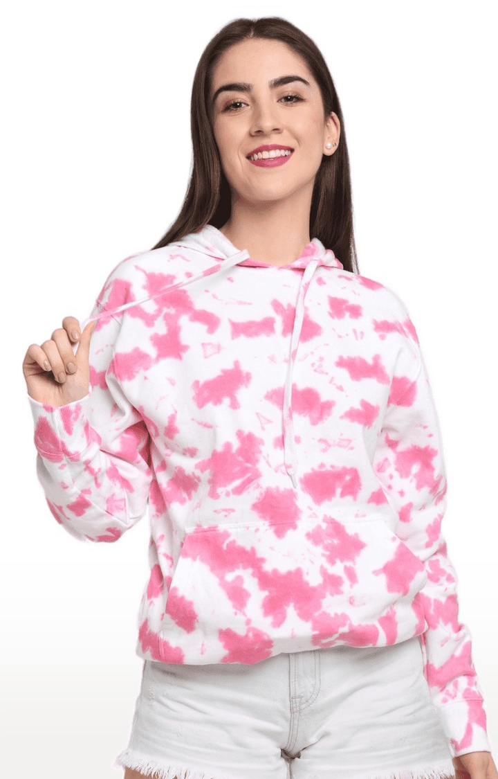 Women Pink and White Cotton Relaxed Fit Sweatshirt