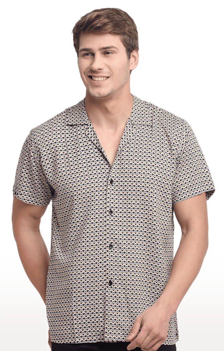 Men Beige and Black Cotton Relaxed Fit Casual Shirt