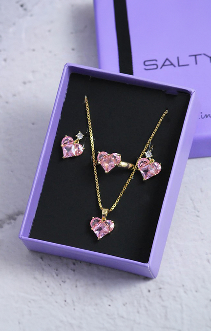 Women s Gold Anti tarnish Mesmerizing Pink complete Jewellery Set